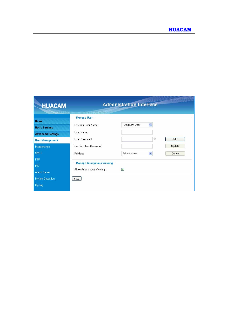 Advanced settings explanation, 1 user management page | HUACAM HCV825 User Manual | Page 26 / 40