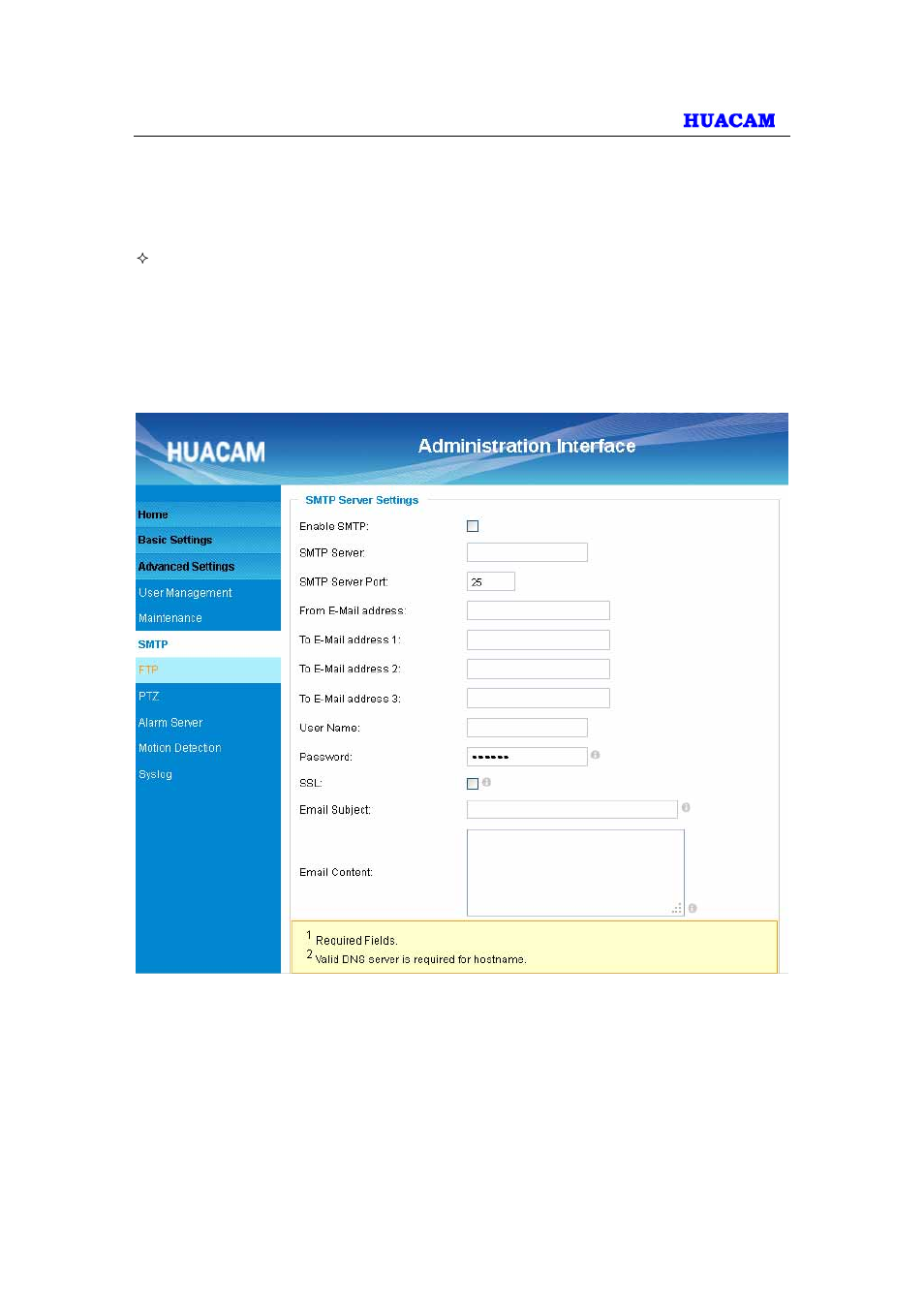 3 smtp setting page (email alarm) | HUACAM HCV825 User Manual | Page 28 / 40