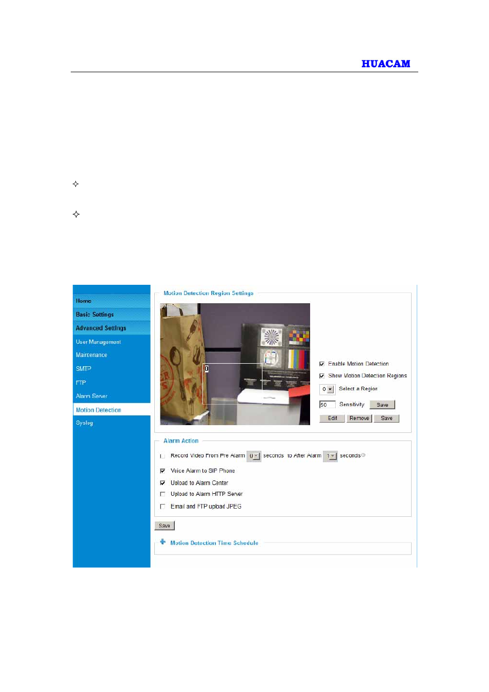 6 motion detection configuration page (set alarm) | HUACAM HCV825 User Manual | Page 31 / 40