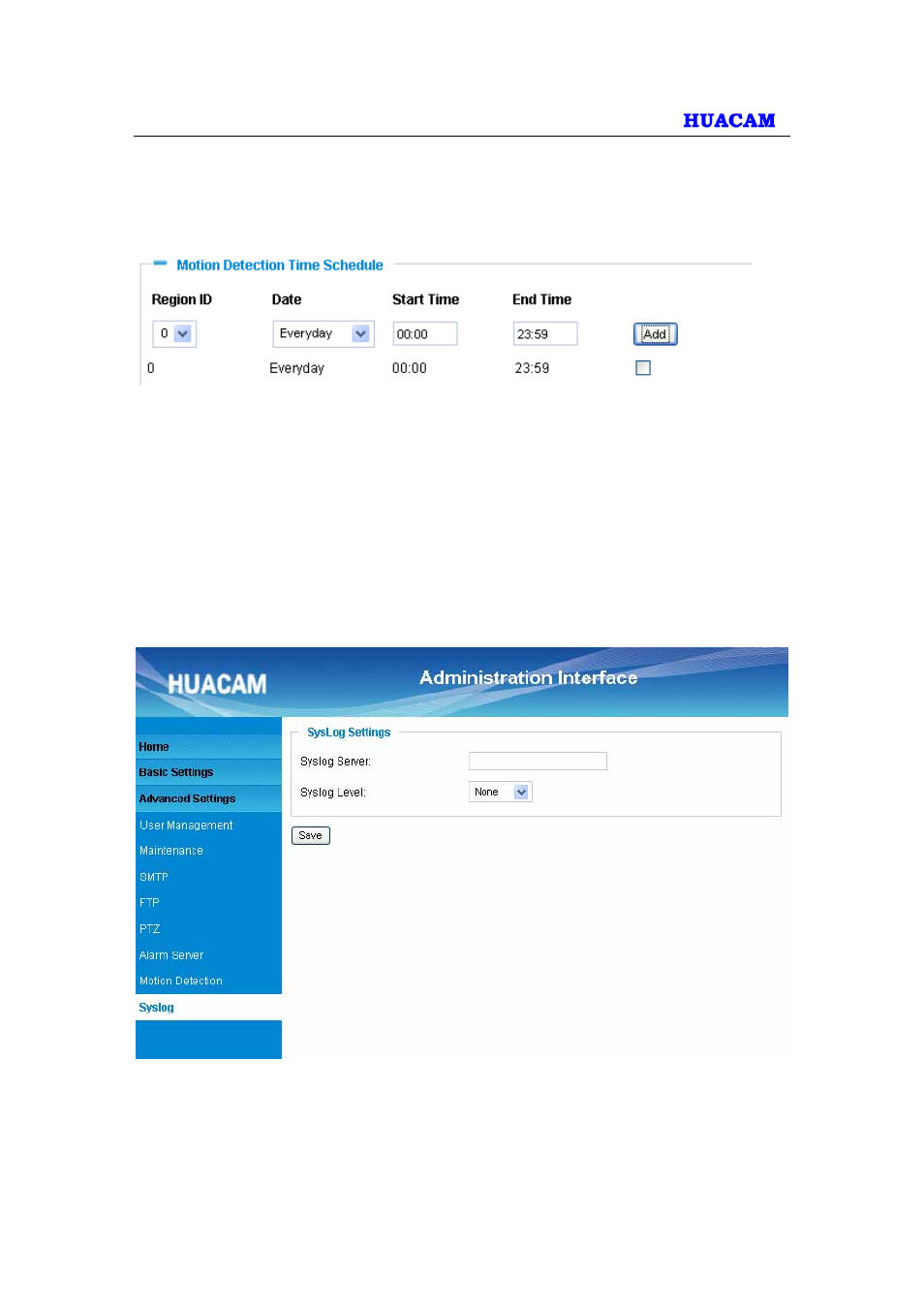 7 motion detection time schedule, 8 syslog settings page (troubleshooting) | HUACAM HCV825 User Manual | Page 33 / 40