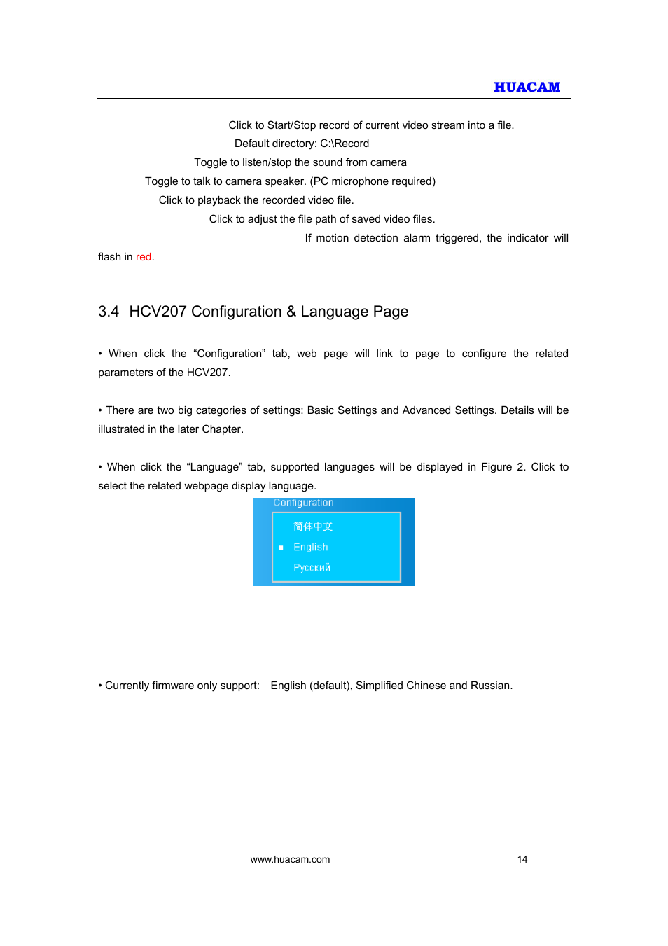 4 hcv207 configuration & language page | HUACAM HCV207 User Manual | Page 14 / 38