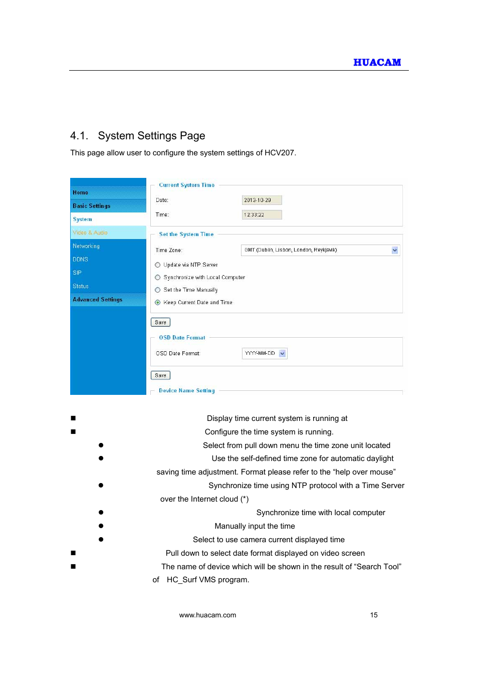 Basic settings explanation, System settings page | HUACAM HCV207 User Manual | Page 15 / 38