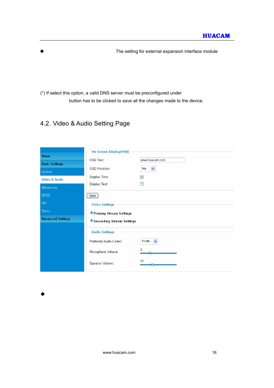Video & audio setting page | HUACAM HCV207 User Manual | Page 16 / 38