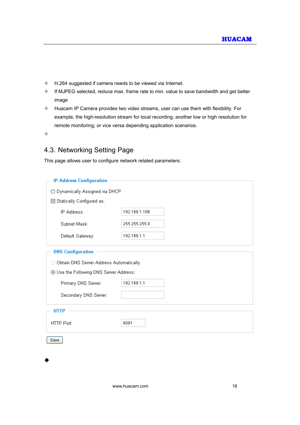 Networking setting page | HUACAM HCV207 User Manual | Page 18 / 38
