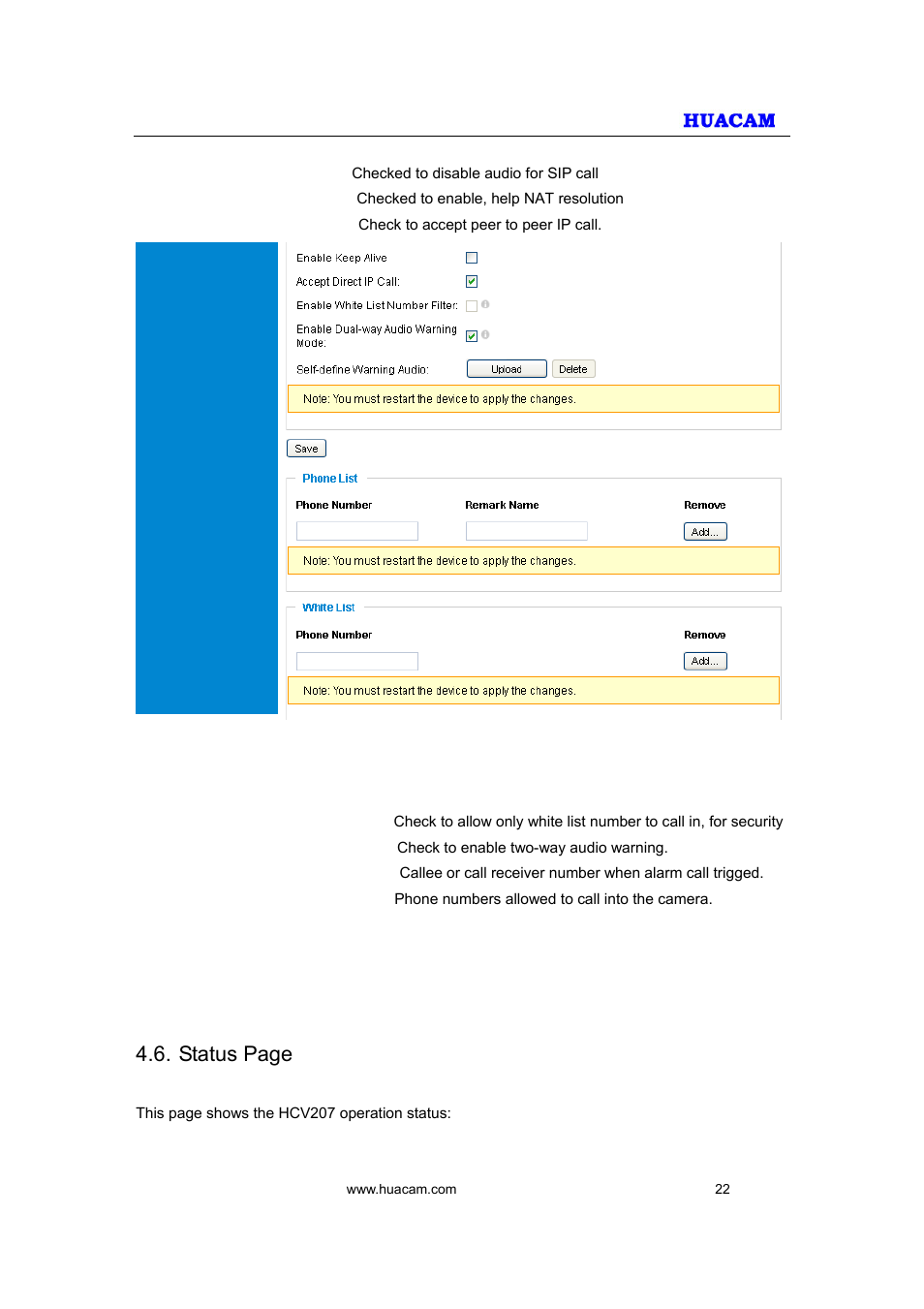 Status page | HUACAM HCV207 User Manual | Page 22 / 38