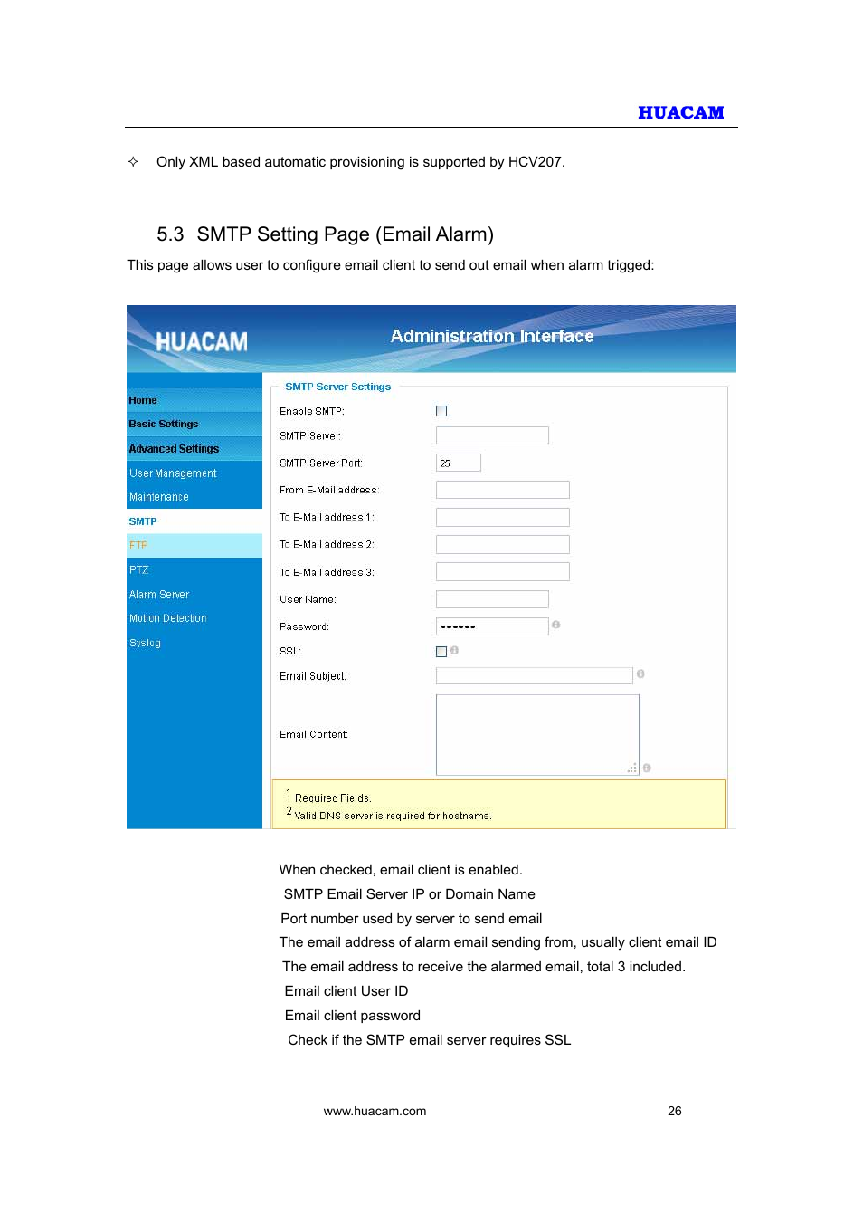 3 smtp setting page (email alarm) | HUACAM HCV207 User Manual | Page 26 / 38