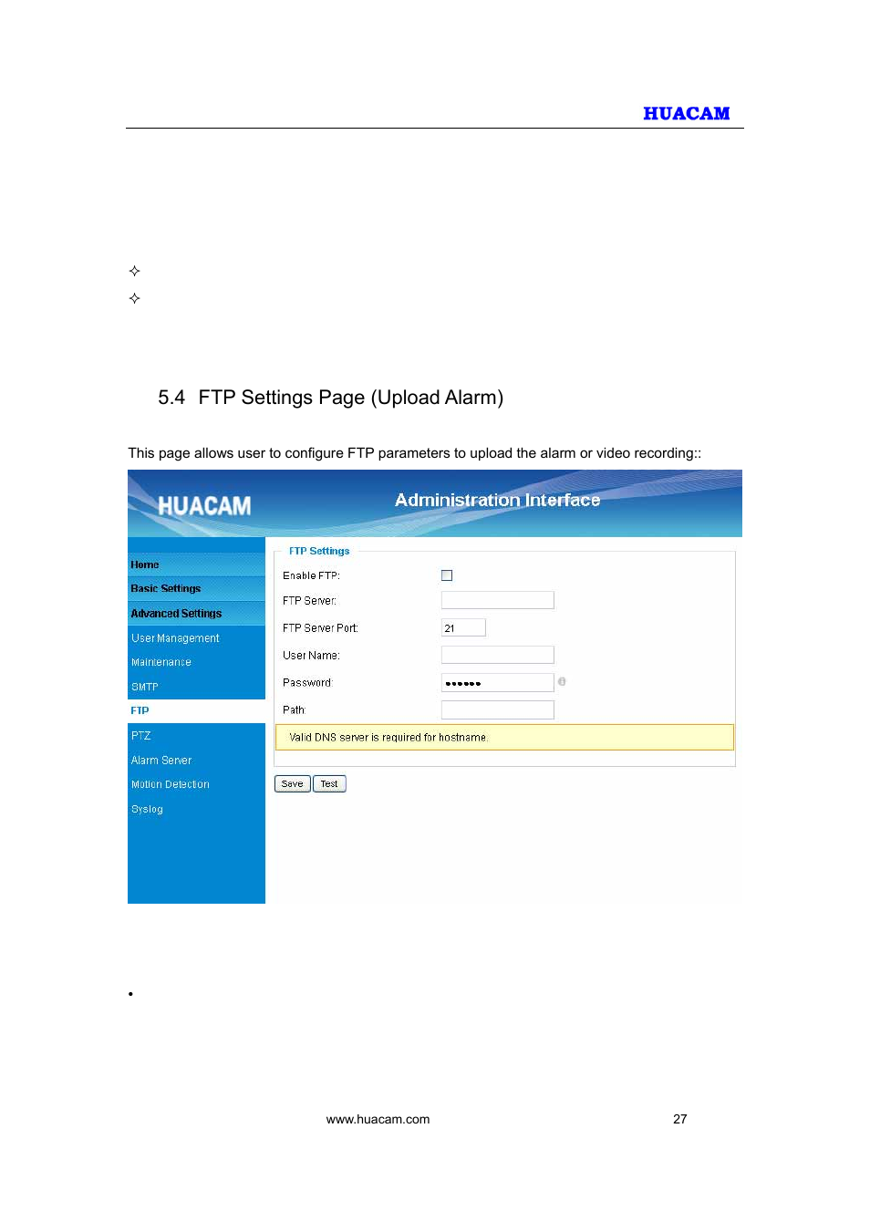 4 ftp settings page (upload alarm) | HUACAM HCV207 User Manual | Page 27 / 38