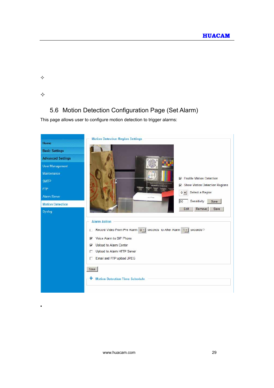 6 motion detection configuration page (set alarm) | HUACAM HCV207 User Manual | Page 29 / 38