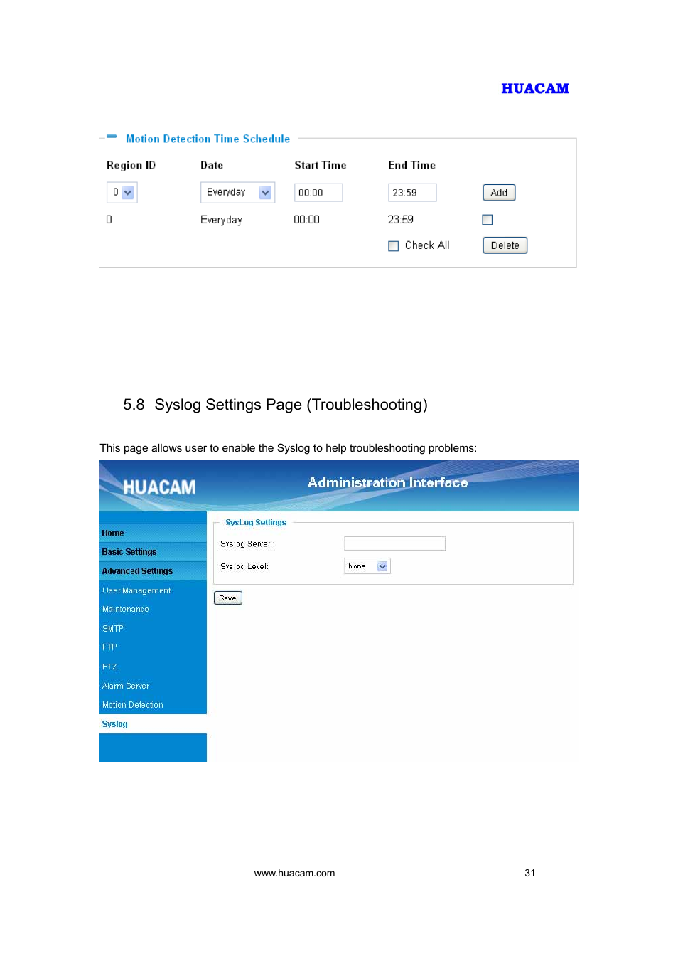8 syslog settings page (troubleshooting) | HUACAM HCV207 User Manual | Page 31 / 38