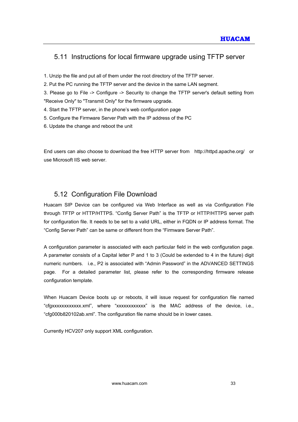 12 configuration file download | HUACAM HCV207 User Manual | Page 33 / 38