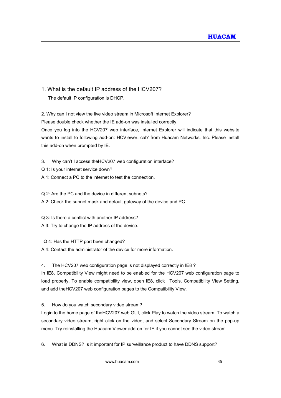 Ip surveilance faq | HUACAM HCV207 User Manual | Page 35 / 38