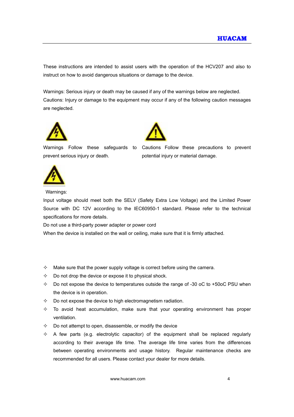 1 safety compliances | HUACAM HCV207 User Manual | Page 4 / 38