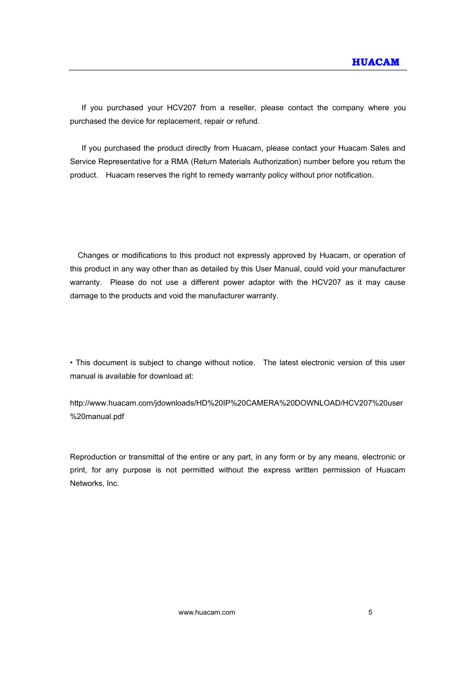 2 warranty | HUACAM HCV207 User Manual | Page 5 / 38