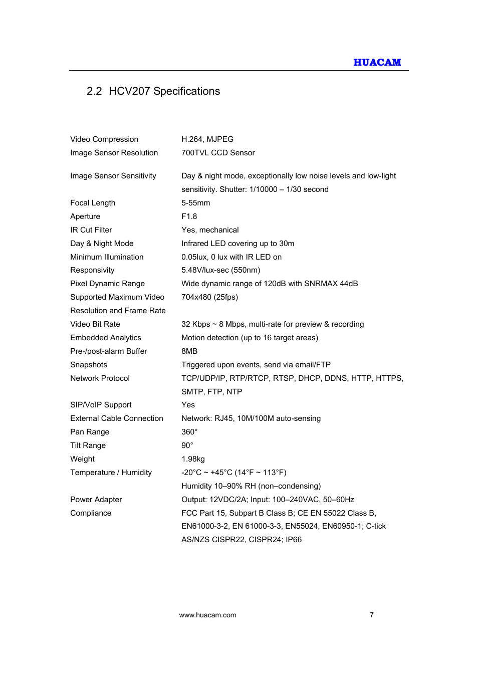 2 hcv207 specifications | HUACAM HCV207 User Manual | Page 7 / 38