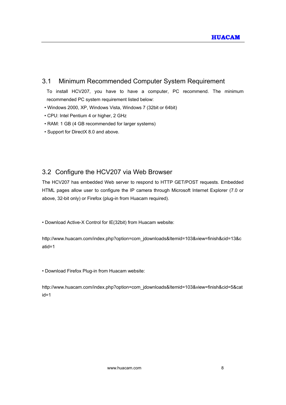 Installation guide, 1 minimum recommended computer system requirement, 2 configure the hcv207 via web browser | HUACAM HCV207 User Manual | Page 8 / 38