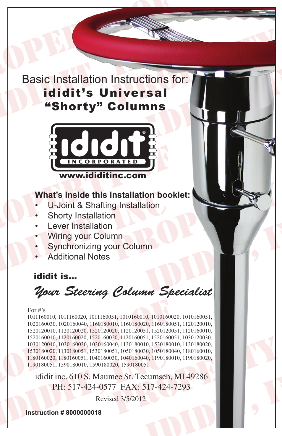 ididit Universal Steering Column: Universal Shorty Tilt User Manual | 8 pages