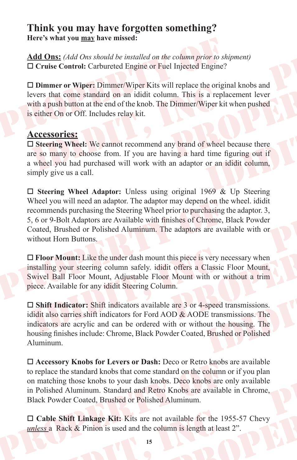 Think you may have forgotten something, Accessories | ididit Retrofit Steering Column: Tri-Five Chevy User Manual | Page 16 / 18