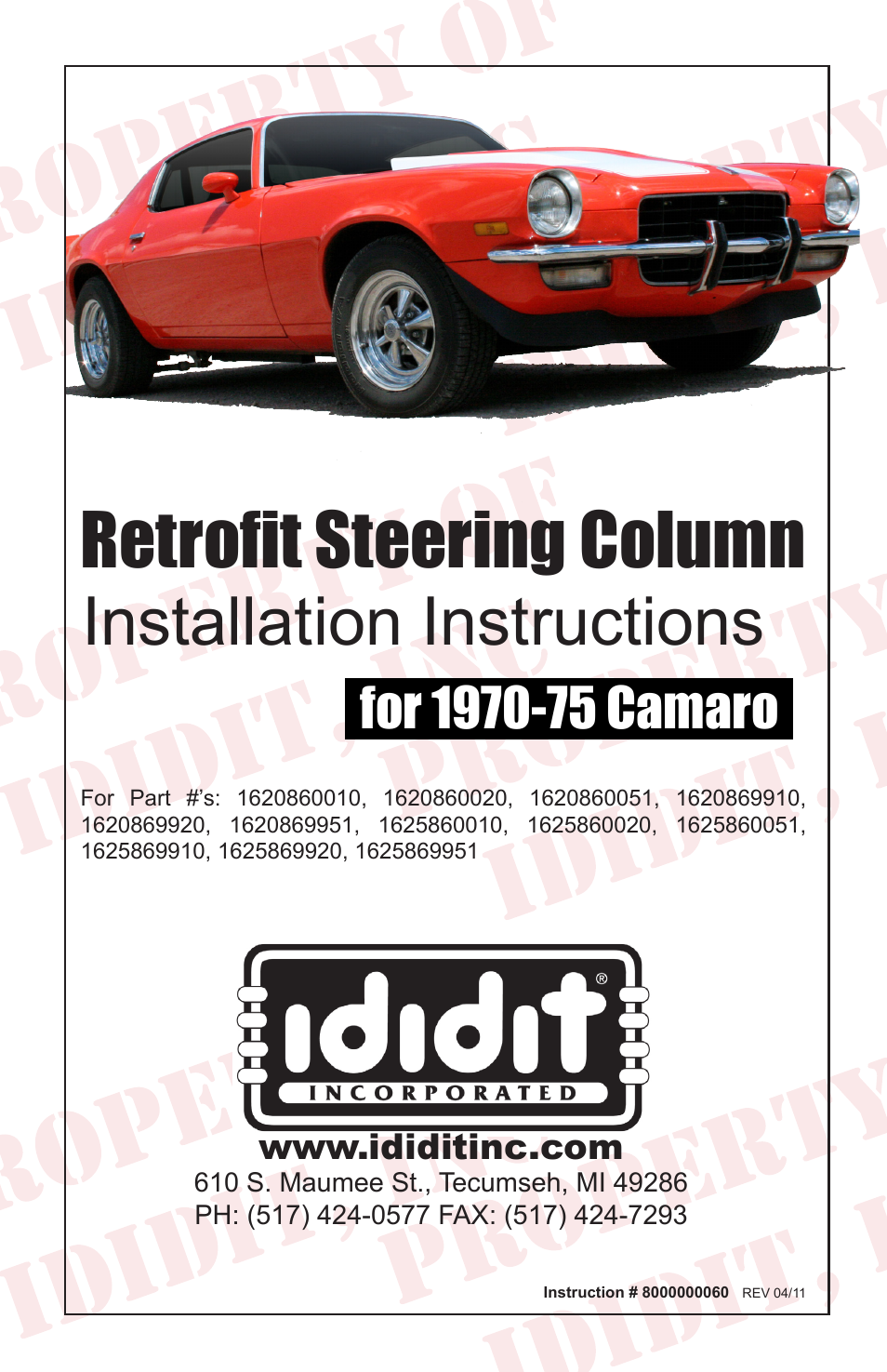 ididit Retrofit Steering Column: 1970-75 Camaro User Manual | 12 pages