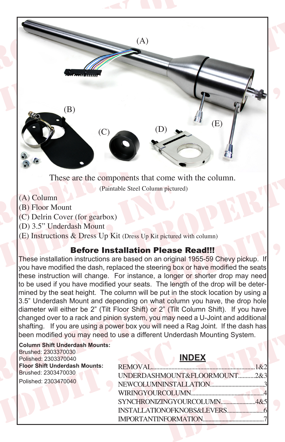 Index, C) (e) (d) | ididit Retrofit Steering Column: 1955-59 Chevy Truck User Manual | Page 2 / 12