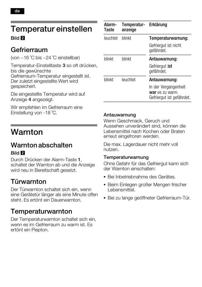 Temperatur einstellen, Warnton, Gefrierraum | Warnton abschalten, Türwarnton, Temperaturwarnton | Neff G8120X0 User Manual | Page 10 / 76