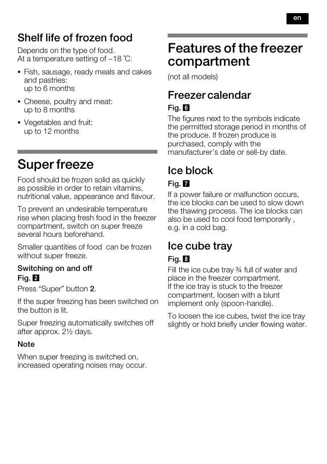 Super freeze, Features of the freezer compartment, Shelf life of frozen food | Freezer calendar, Ice block, Ice cube tray | Neff G8120X0 User Manual | Page 25 / 76