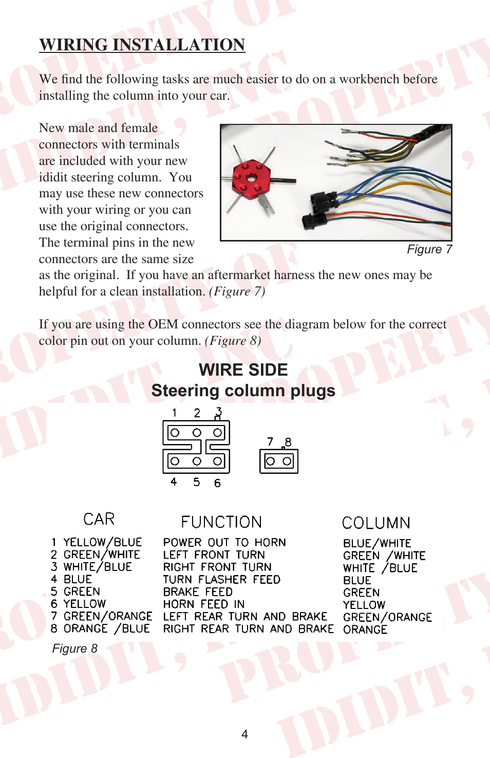 Wiring installation, Wire side steering column plugs | ididit Retrofit Steering Column: 1965 Falcon User Manual | Page 6 / 12
