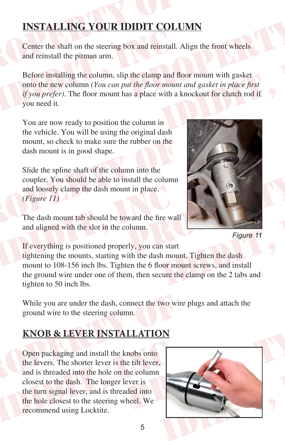 Installing your ididit column, Knob & lever installation | ididit Retrofit Steering Column: 1965 Mercury Comet User Manual | Page 7 / 8