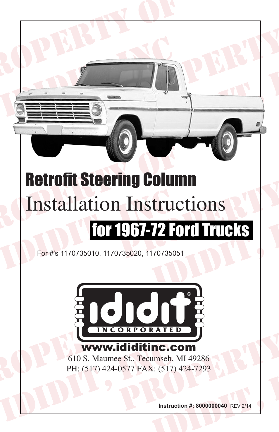 ididit Retrofit Steering Column: 1967-72 Ford Truck User Manual | 8 pages