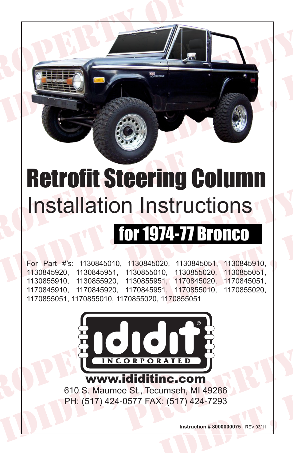 ididit Retrofit Steering Column: 1974-77 Ford Bronco User Manual | 8 pages