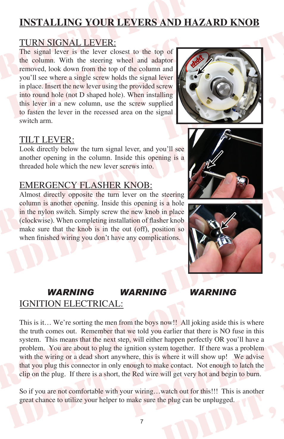 Installing your levers and hazard knob, Ignition electrical, Turn signal lever | Tilt lever, Emergency flasher knob | ididit Retrofit Steering Column: 1976-86 Jeep CJ5 & CJ7 User Manual | Page 8 / 12
