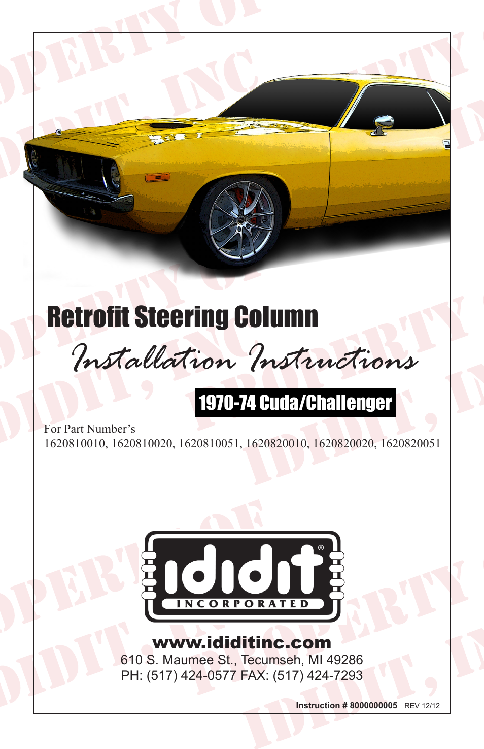ididit Retrofit Steering Column: 1970-74 Cuda/Challenger User Manual | 12 pages