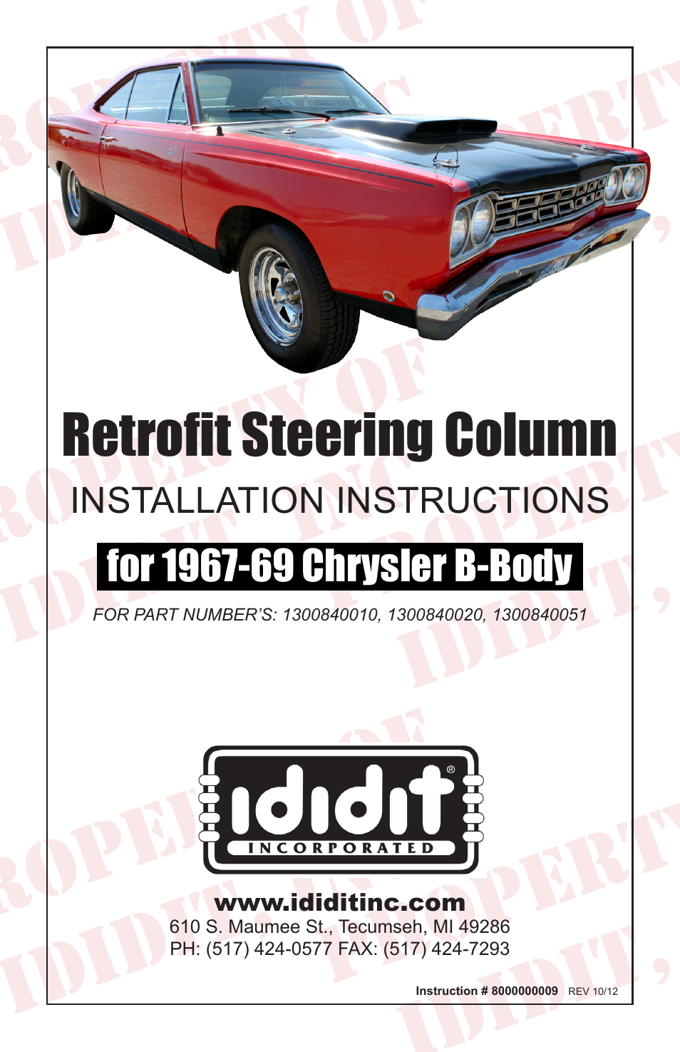 ididit Retrofit Steering Column: 1967-69 Chrysler B-Body User Manual | 8 pages