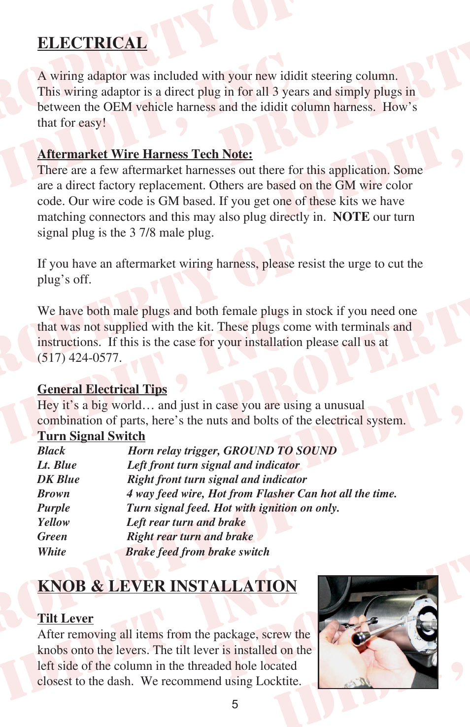 Electrical, Knob & lever installation | ididit Retrofit Steering Column: 1967-69 Chrysler B-Body User Manual | Page 7 / 8