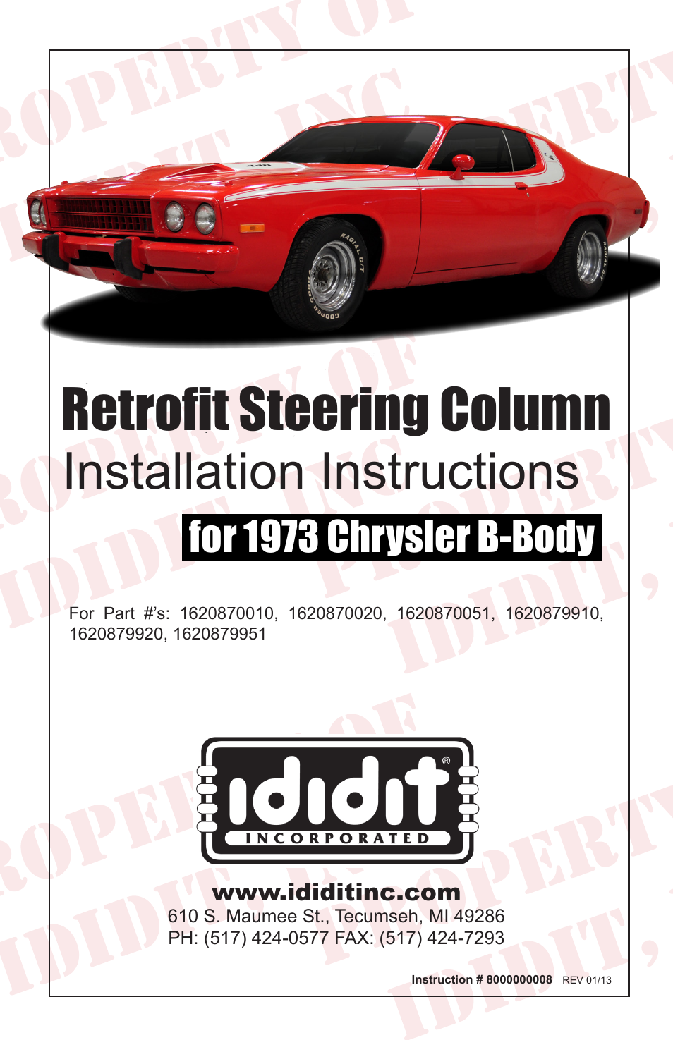 ididit Retrofit Steering Column: 1973 Chrysler B-Body User Manual | 12 pages