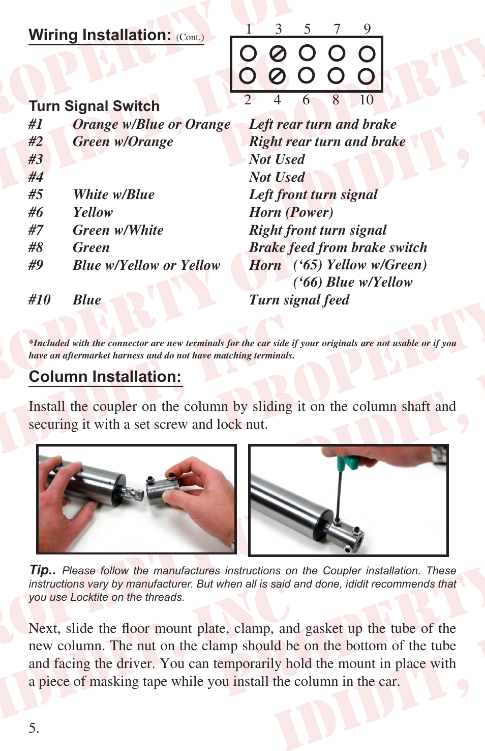 Wiring installation, Column installation | ididit Right Hand Drive & Collapsible Steering Column: RHD 1965-66 Mustang User Manual | Page 6 / 8