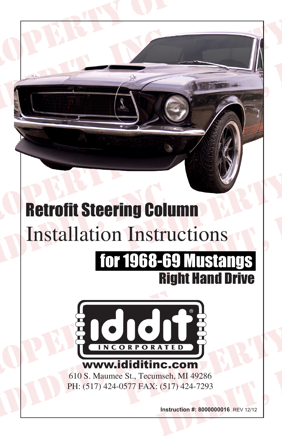 ididit Right Hand Drive & Collapsible Steering Column: RHD 1968-69 Mustang User Manual | 8 pages