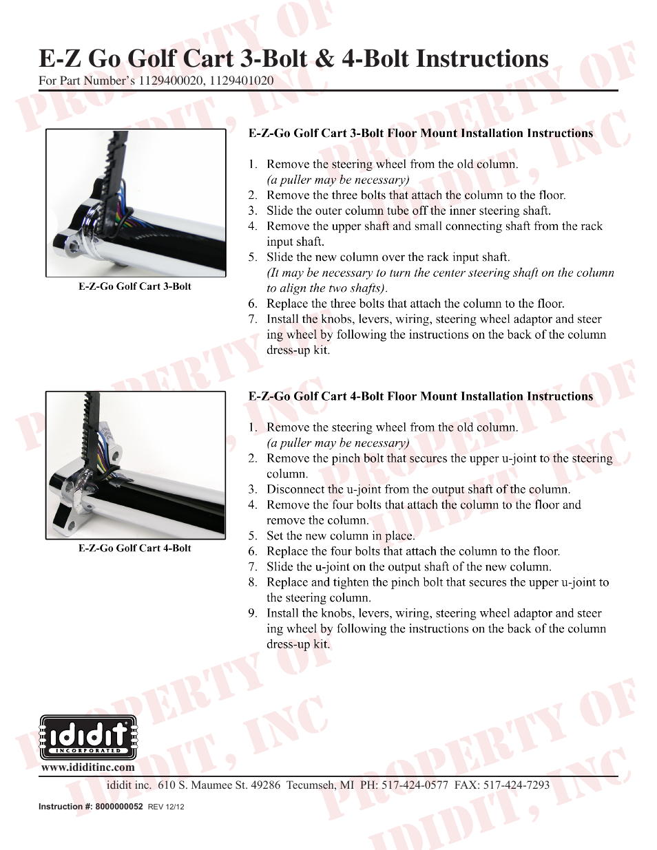 ididit Golf Cart Steering Column: E-Z Go User Manual | 1 page