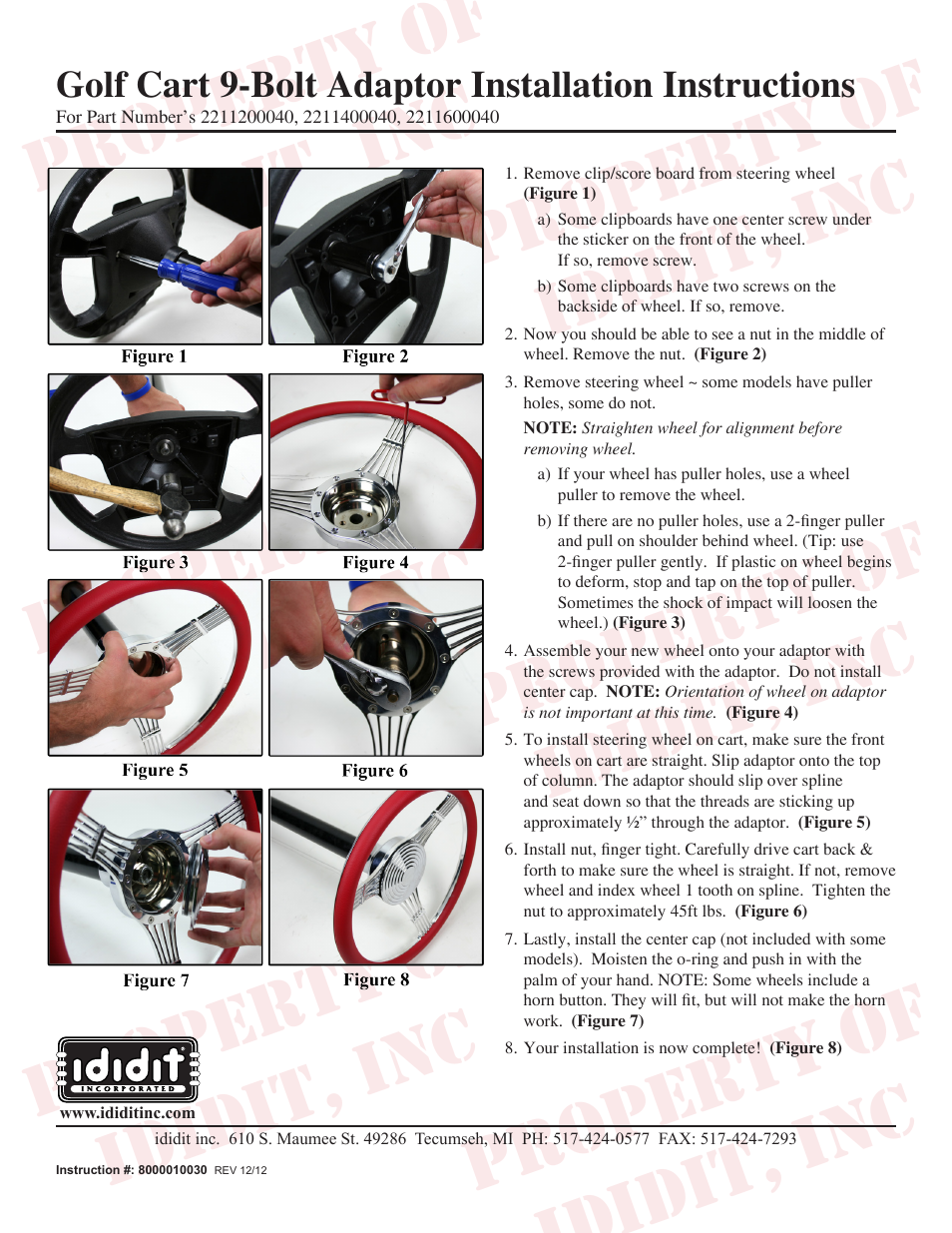ididit Golf Cart Steering Column: Golf Cart 9-Bolt Steering Wheel Adaptor User Manual | 1 page