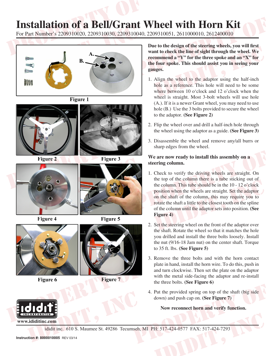 ididit Steering Wheel Adaptor: 3-Bolt Bell/Grant Wheel w/Horn Kit User Manual | 1 page