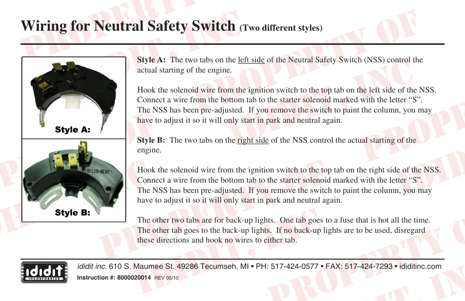 ididit Electrical: Wiring for Neutral Safety Switch User Manual | 1 page