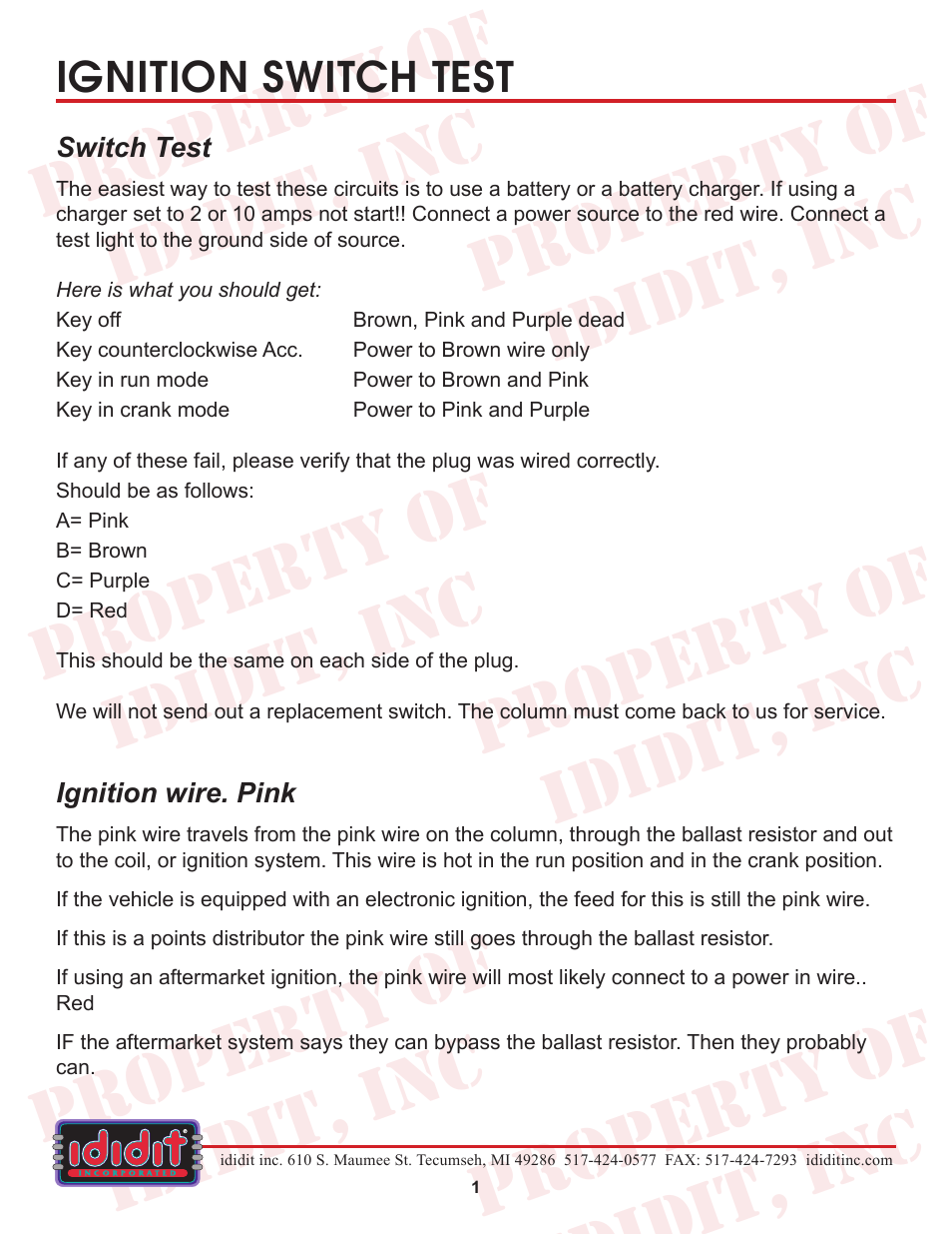 ididit Electrical: Ignition Switch Test User Manual | 4 pages