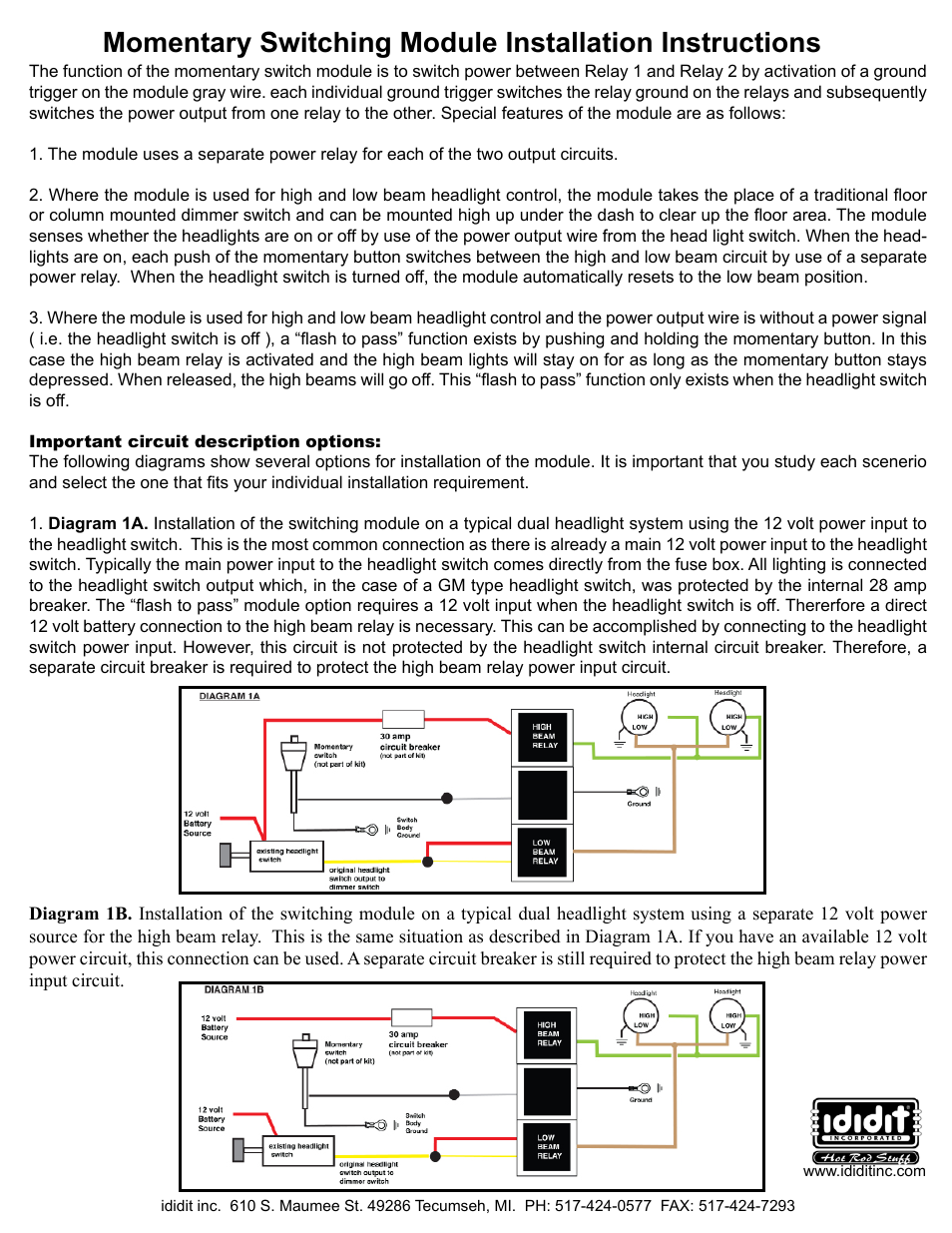 ididit Electrical: Dimmer/Wiper Momentary Switching User Manual | 2 pages
