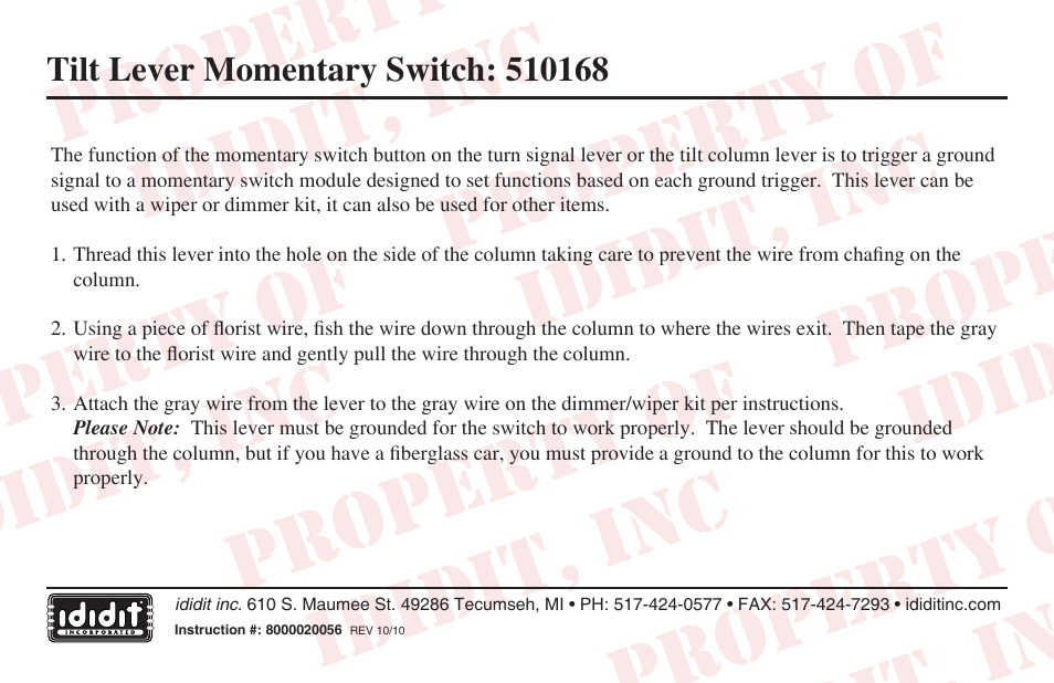 ididit Electrical: Tilt Lever Momentary Switch 510168 User Manual | 1 page