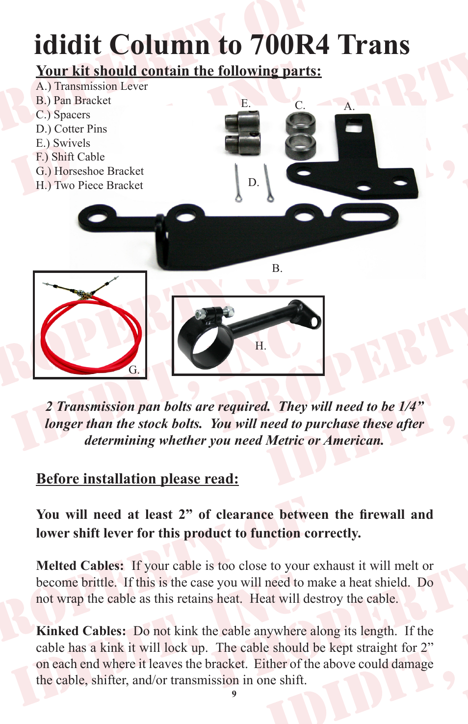 Ididit column to 700r4 trans, Before installation please read, Your kit should contain the following parts | ididit Cable Shift Linkage Kit: Column to GM Transmission User Manual | Page 10 / 16