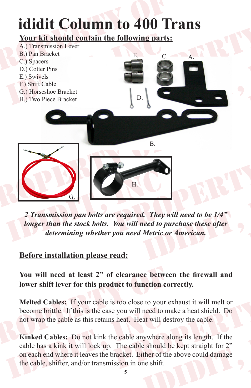 Ididit column to 400 trans, Before installation please read, Your kit should contain the following parts | ididit Cable Shift Linkage Kit: Column to GM Transmission User Manual | Page 6 / 16