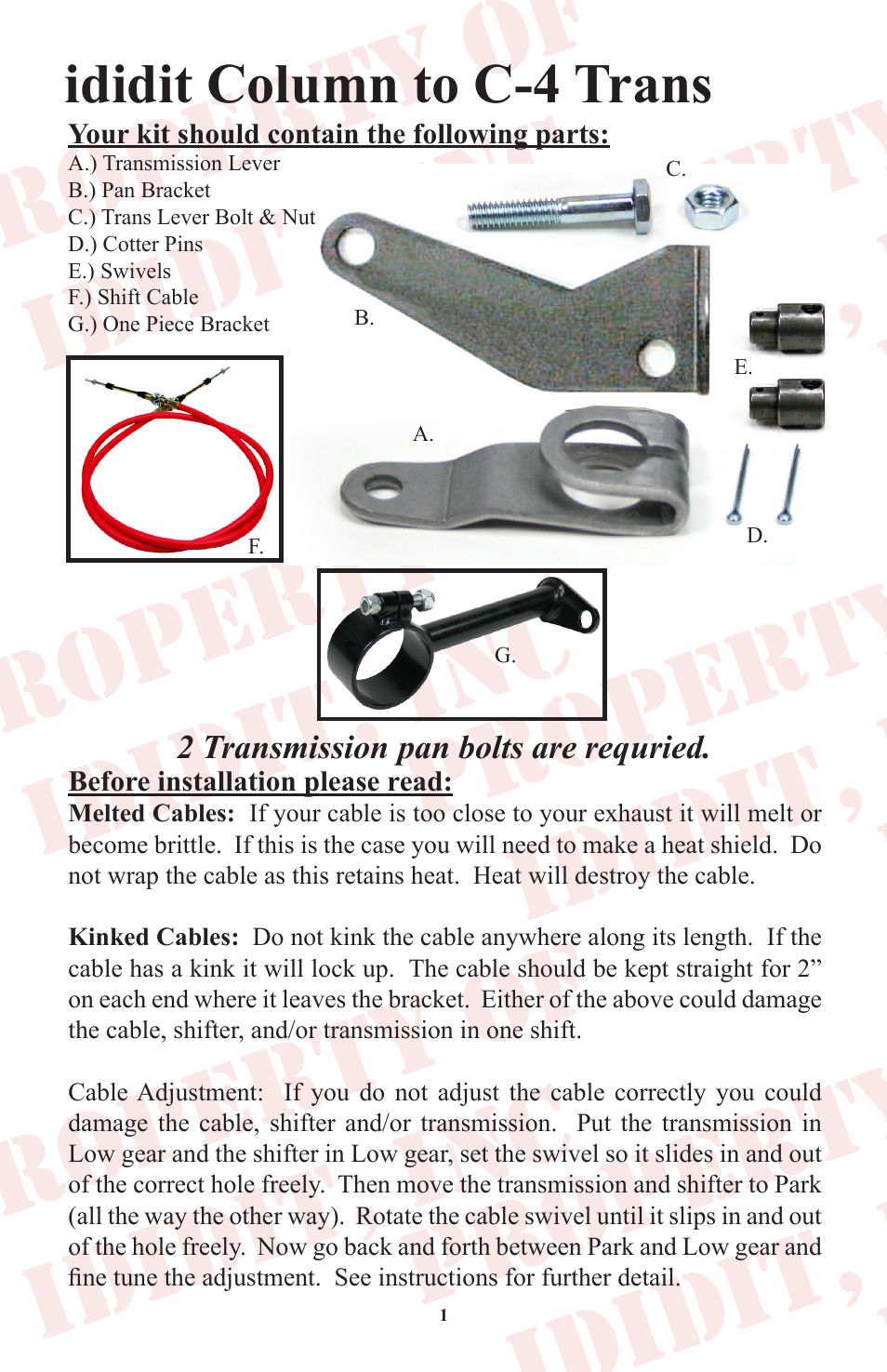Ididit column to c-4 trans, 2 transmission pan bolts are requried, Before installation please read | Your kit should contain the following parts | ididit Cable Shift Linkage Kit: Column to Ford C-4 Transmission User Manual | Page 2 / 8