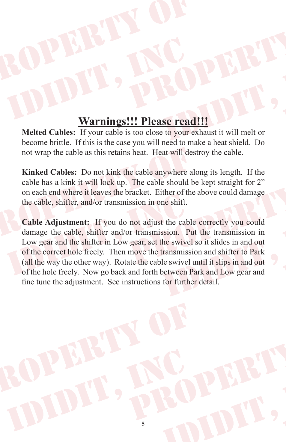 Warnings!!! please read | ididit Cable Shift Linkage Kit: Column to Ford C-4 Transmission User Manual | Page 6 / 8