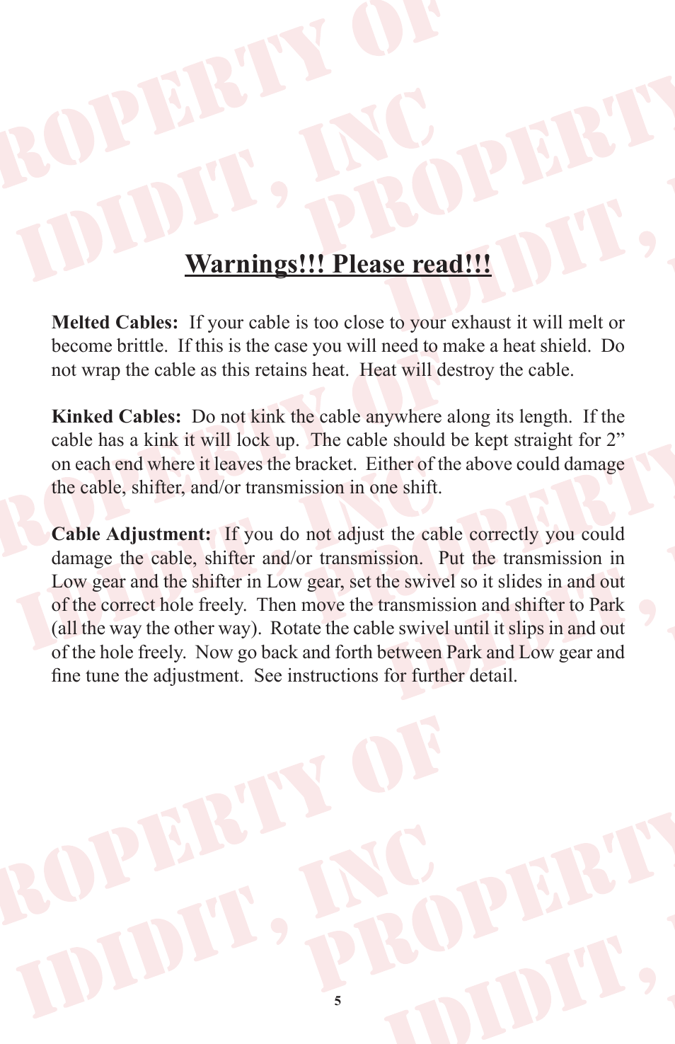 Warnings!!! please read | ididit Cable Shift Linkage Kit: Column to Ford C-6 Transmission User Manual | Page 6 / 8