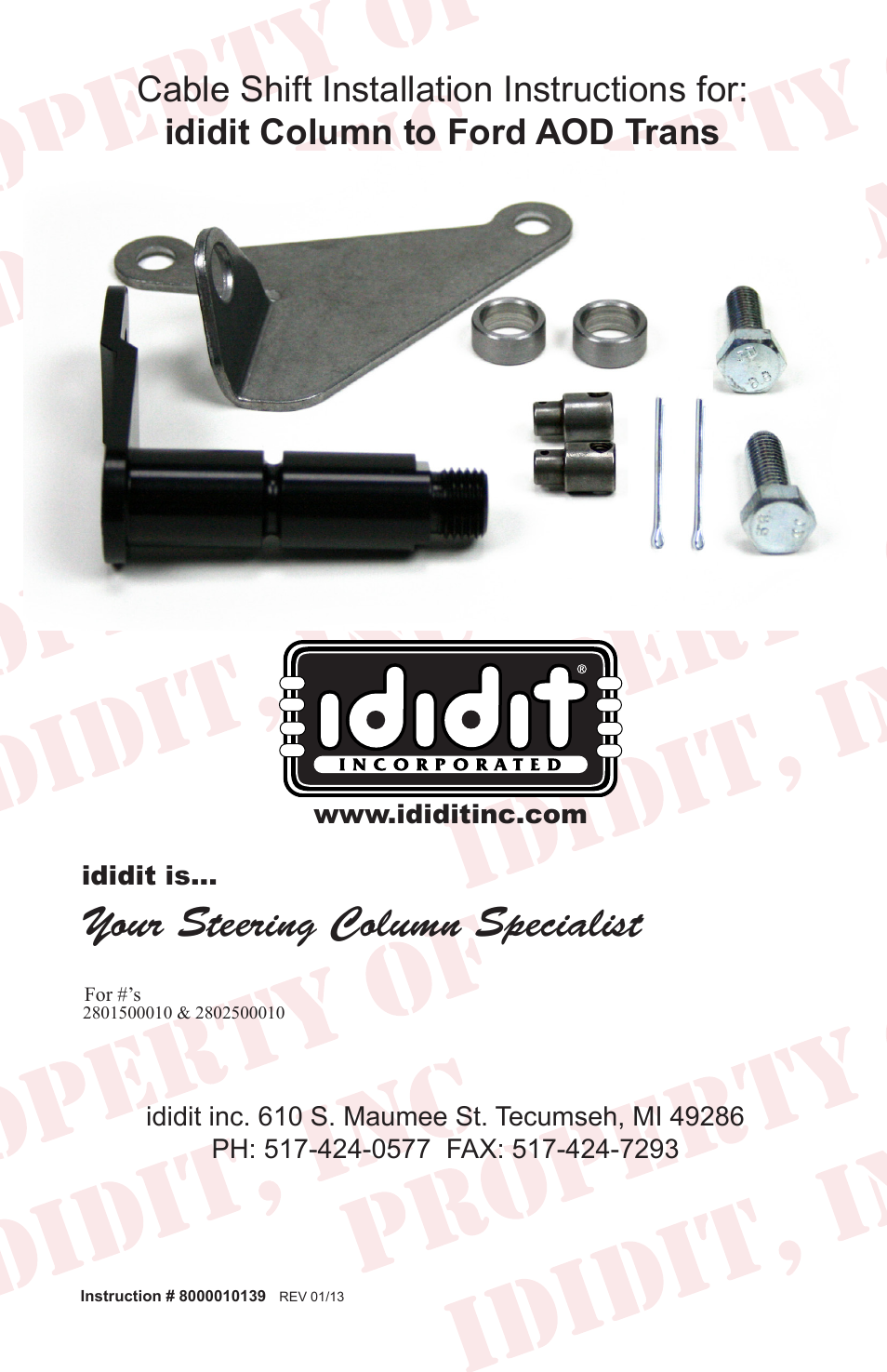 ididit Cable Shift Linkage Kit: Column to Ford AOD Transmission User Manual | 8 pages