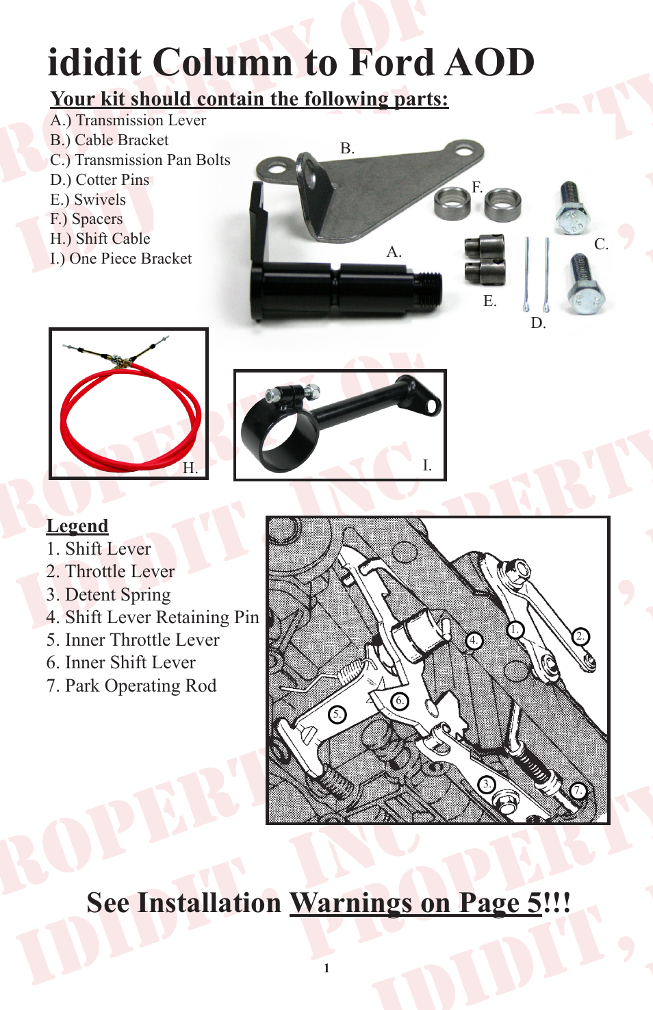 Ididit column to ford aod, See installation warnings on page 5, Your kit should contain the following parts | ididit Cable Shift Linkage Kit: Column to Ford AOD Transmission User Manual | Page 2 / 8
